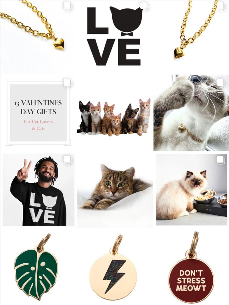 Instagram grid designed for Boujee Cat, white studio product shots and gold accessories