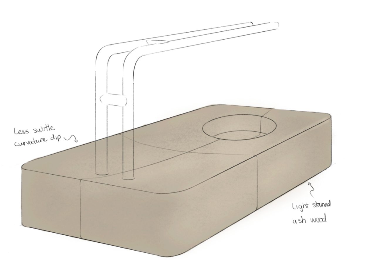 Product render of the burner base annotated for curvature and light stained ash wood