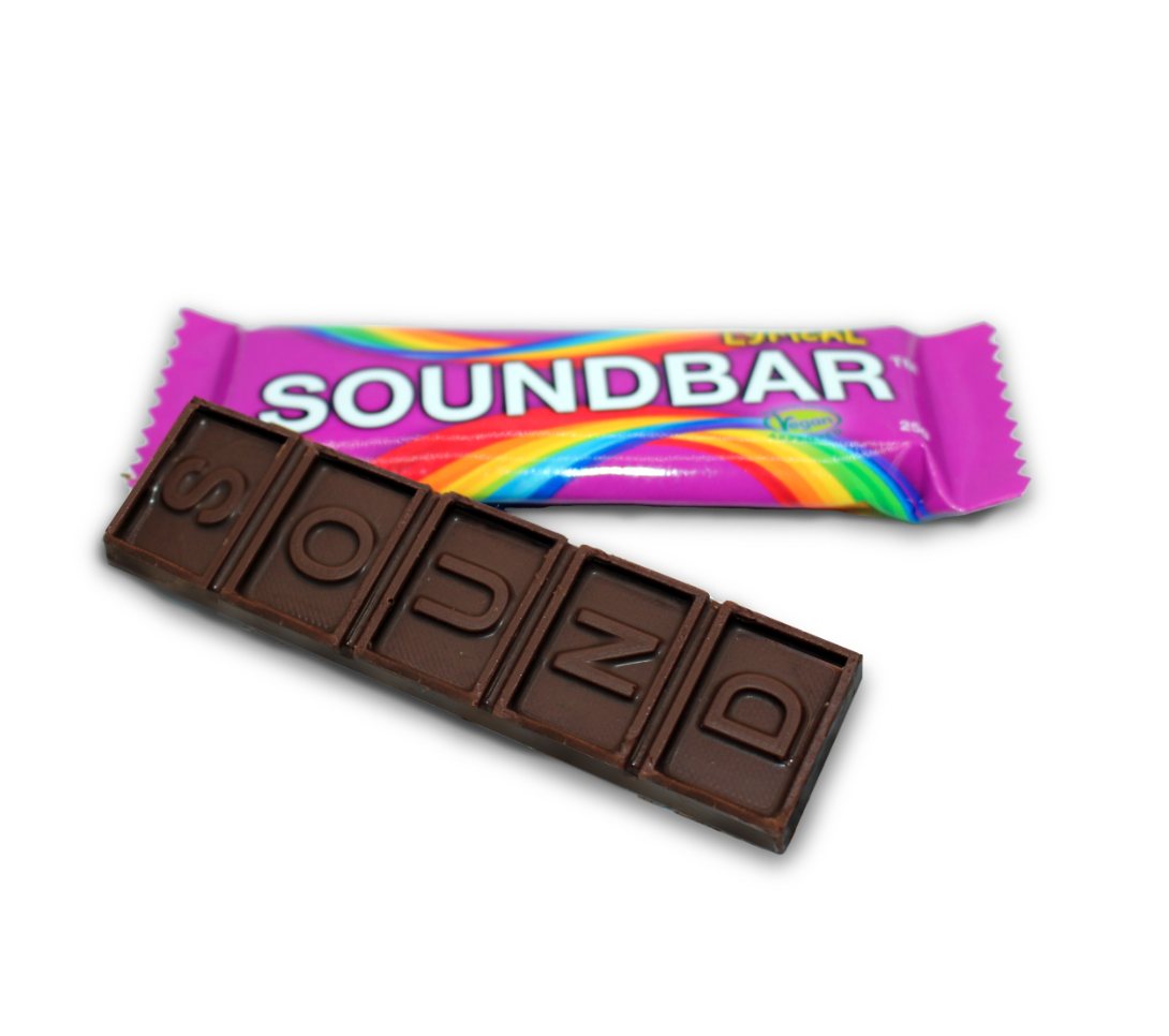 The chocolate bar out of its wrapper with SOUND embossed across the segments