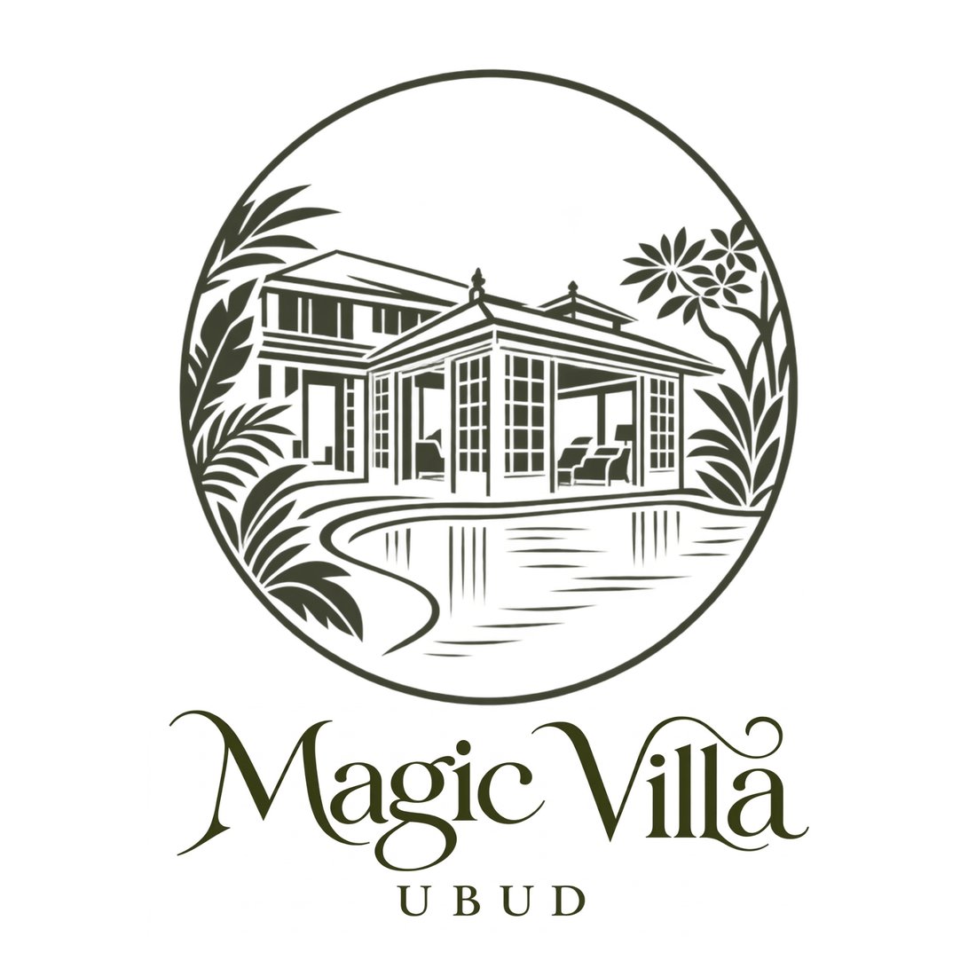 The Magic Villa Ubud crest, the villa drawn inside a ring of planting
